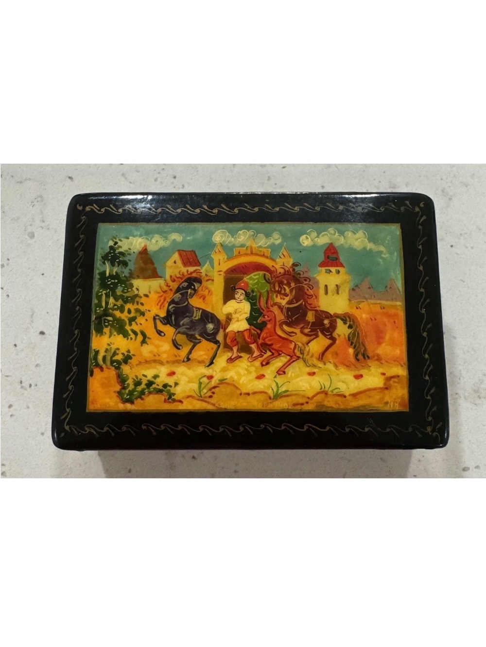 Hand-Painted Russian Style Lacquer Fairy Tale Horse Hinged Trinket Box